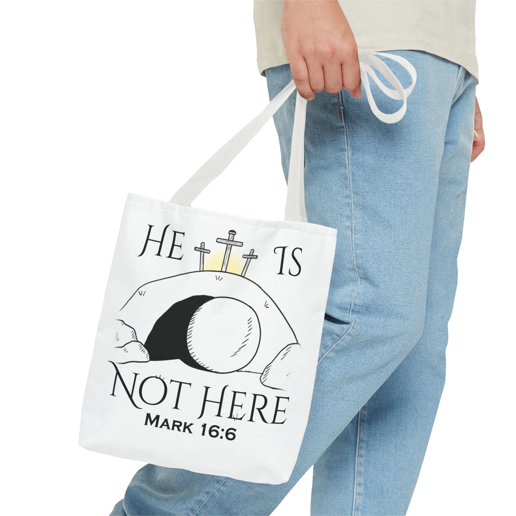 "He Is Not Here" Tote Bag (AOP)