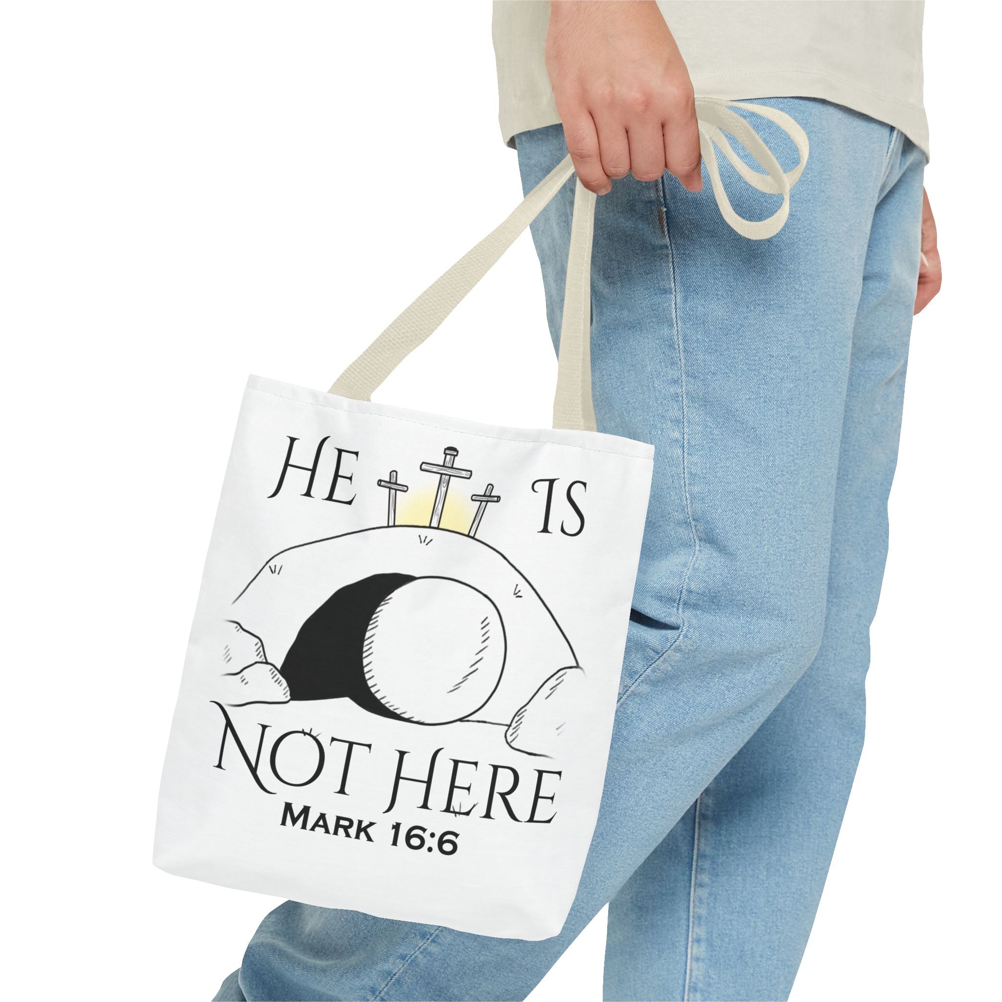"He Is Not Here" Tote Bag (AOP)