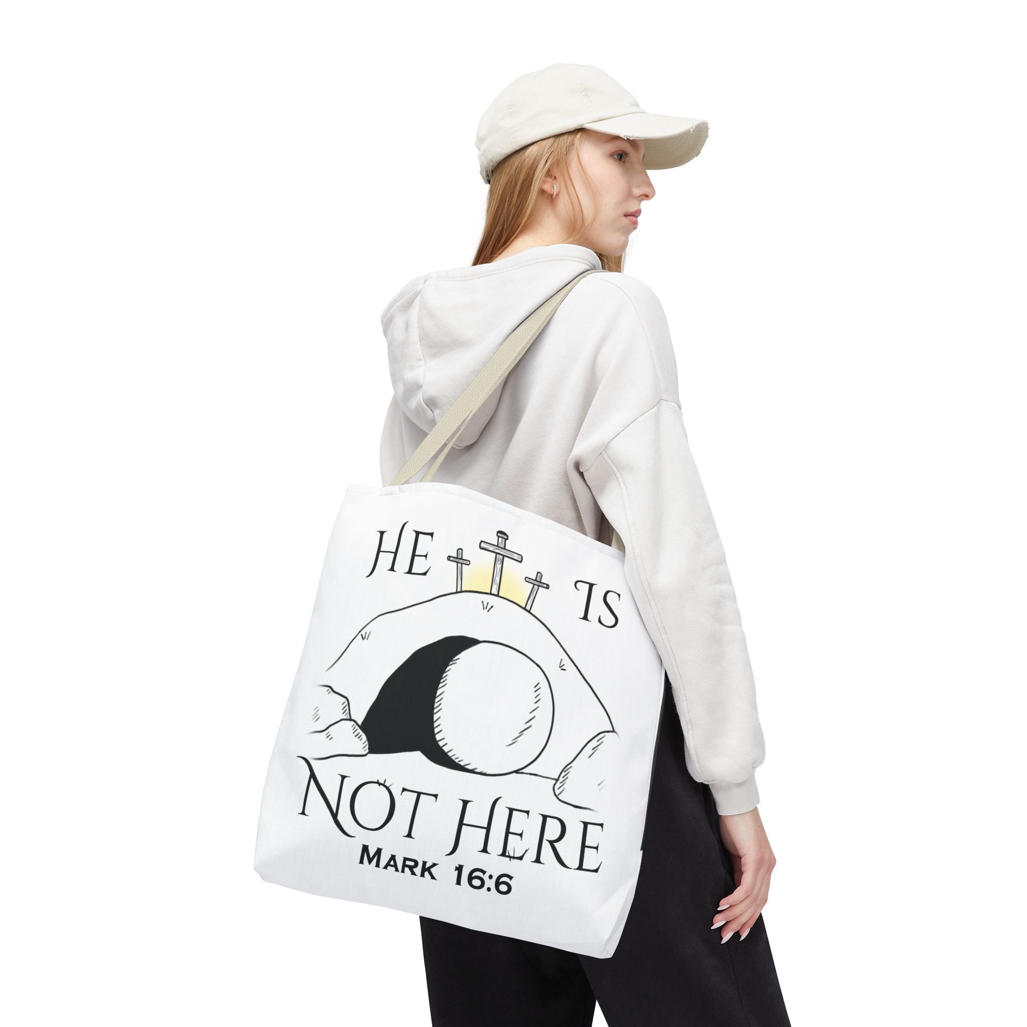 "He Is Not Here" Tote Bag (AOP)
