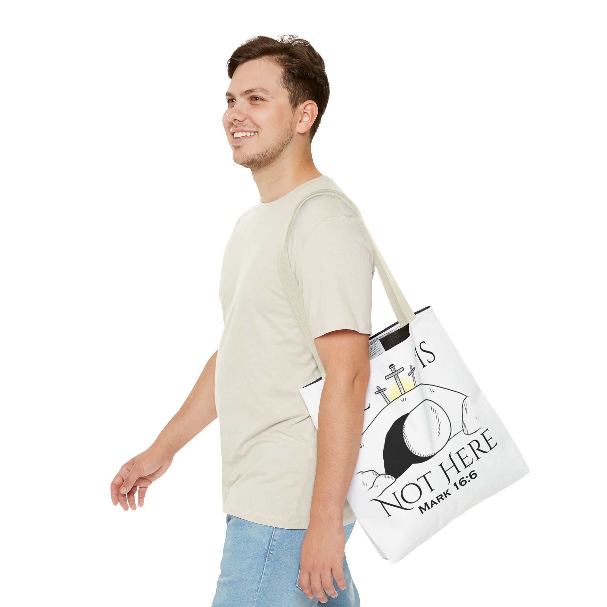 "He Is Not Here" Tote Bag (AOP)